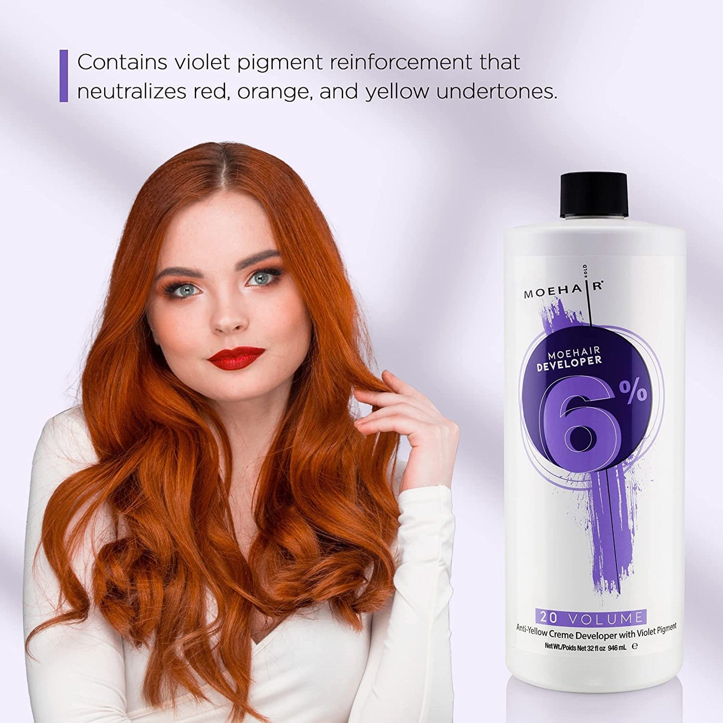 Moehair Anti Yellow Hair Color Developer Creme 20 volume 6% hydrogen peroxide with Violet Pigment, Professional developer for hair coloring, bleach for brighter and lighter tints. 32 Fl Oz