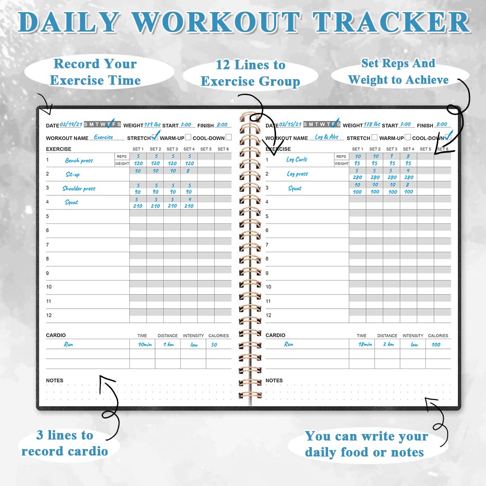 Workout Journal - A5 Fitness Journal/Workout Log Book to Track Weight Loss, GYM Journal, Bodybuilding Progress-Daily Health/Wellness Tracker, Exercise Journal for Women, Black PU Cover Fitness Planner