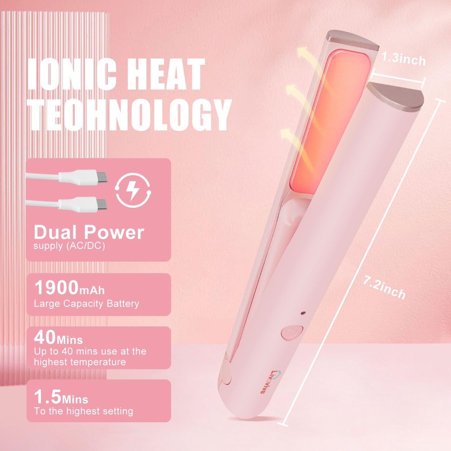 Mini Portable Cordless Hair Straightener,USB Rechargeable，Rapid Heating can Work continuously for 40 Minutes,Wireless Curling Iron for Travel (Pink)