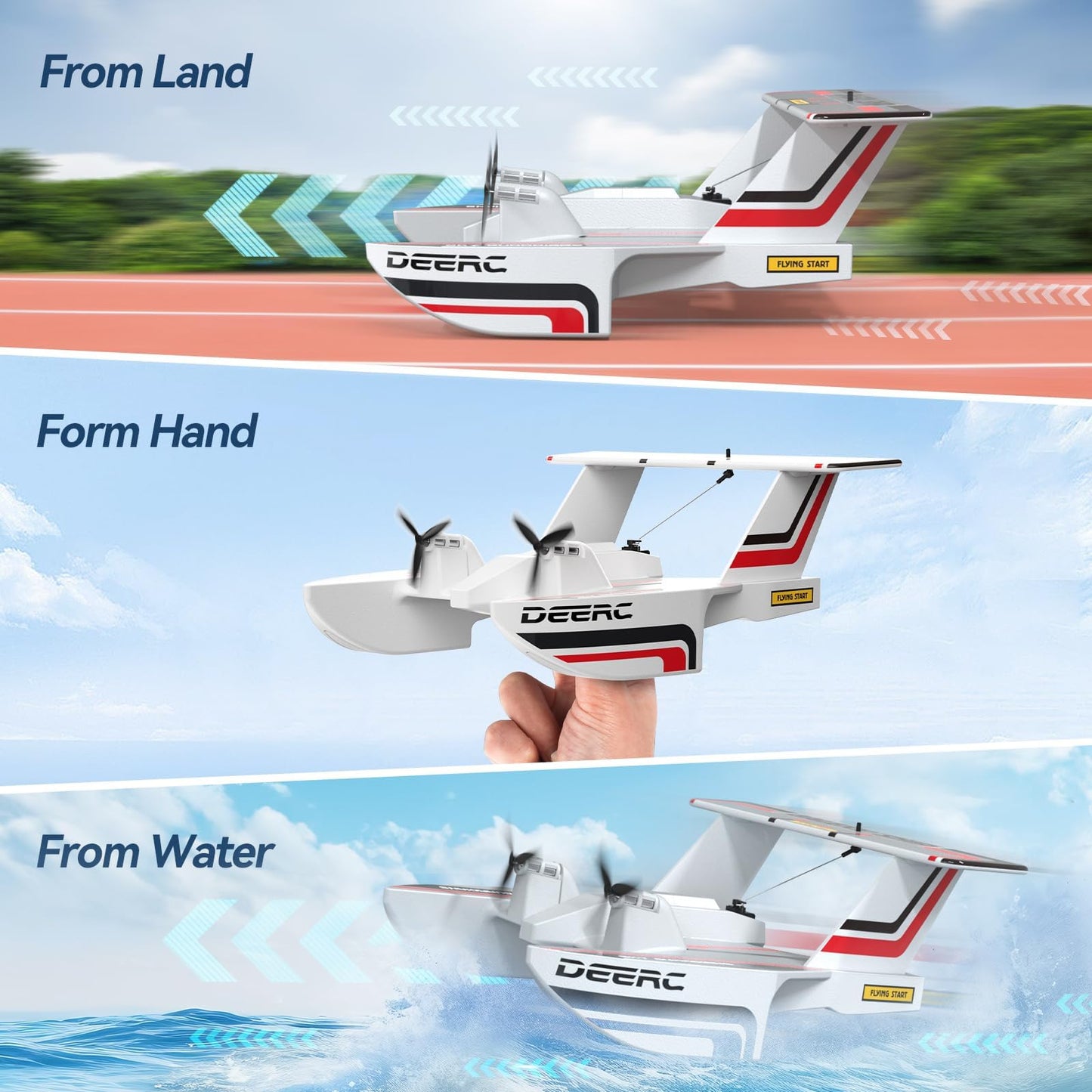 DEERC RC Plane for Water Land & Air, Amphibious Tri-Phibian Aircraft, 3CH Remote Control Plane W/ 2 Batteries, 2.4GHz RTF Airplane Glider for Boy Girl