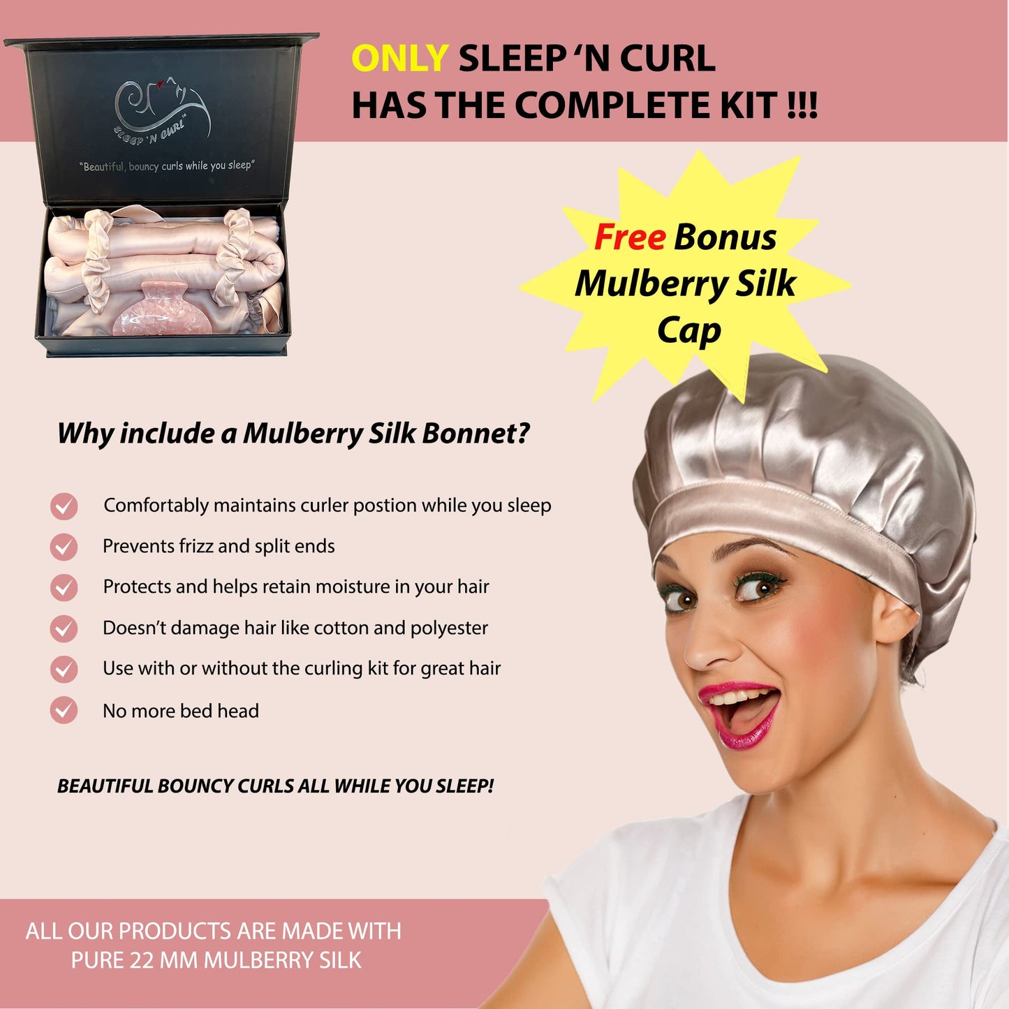 Sleep ‘N Curl - 100% Pure Mulberry Silk - Heatless Hair Curler KIT with Pure Silk Cap (Bonnet)