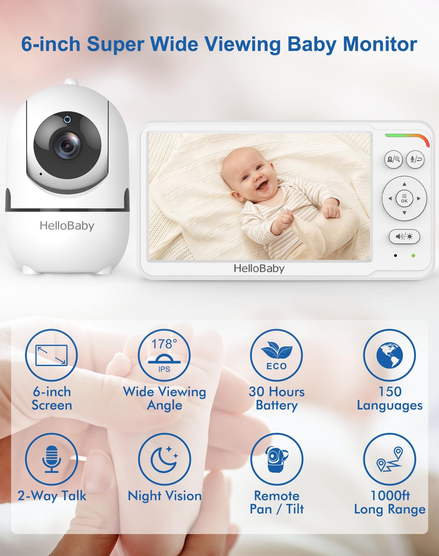 HelloBaby Baby Monitor with Camera and Audio, 6'' World First IPS Screen Baby Camera Monitor No WiFi, Baby Monitor with Clip Clamp Mount
