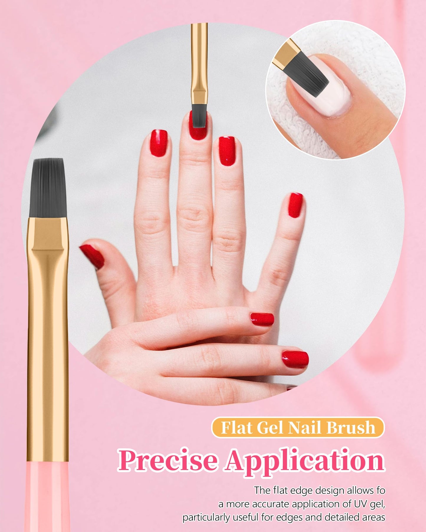 3PCS Nail Polish Clean Up Brush, Round&Falt&Angled Acetone Resistant Nail Brush for OPI Nail Polish Remover, Fingernail Cleaning Brushes at Home Nail Art and Designs(Emerald Pink)