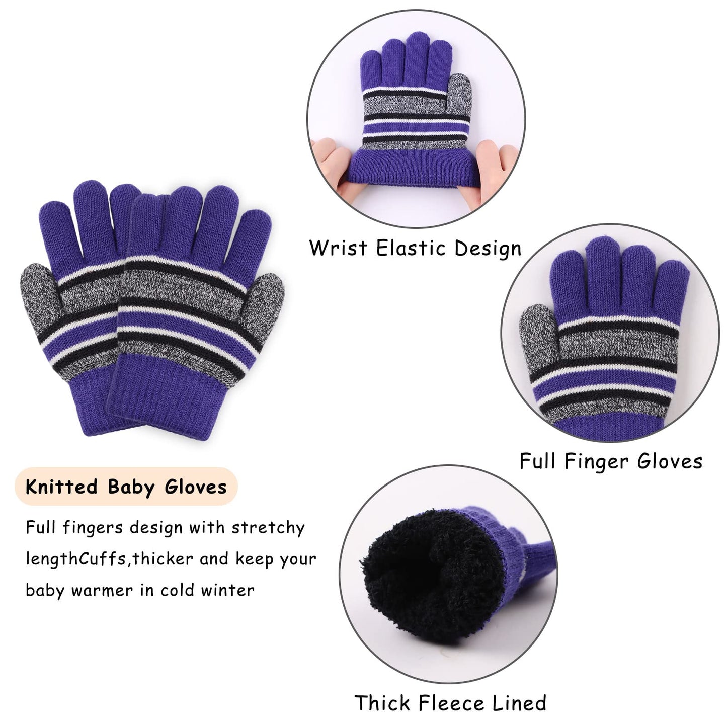 Winter Kids Hat Scarf Glove Set Knit Fleece Lined Beanie Neck Warmer Mittens for Toddler Boys Girls 3-8 Years(Deep Purple)