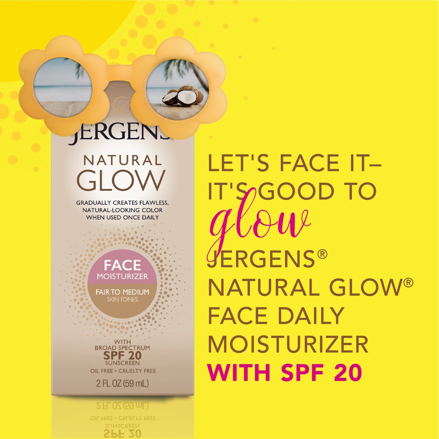 Jergens Natural Glow Face Self Tanner Body Lotion with SPF 20, Fair to Medium Skin Tone, Sunless Tanning, Daily Facial Sunscreen, Oil Free, Broad Spectrum UVA and UVB Protection, 2 Oz