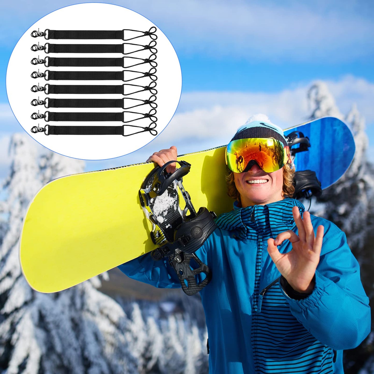 8 Pcs Snowboard Leash Cord Snowboarding Short Leash with Key Ring for Men Women Snowboarding, Black