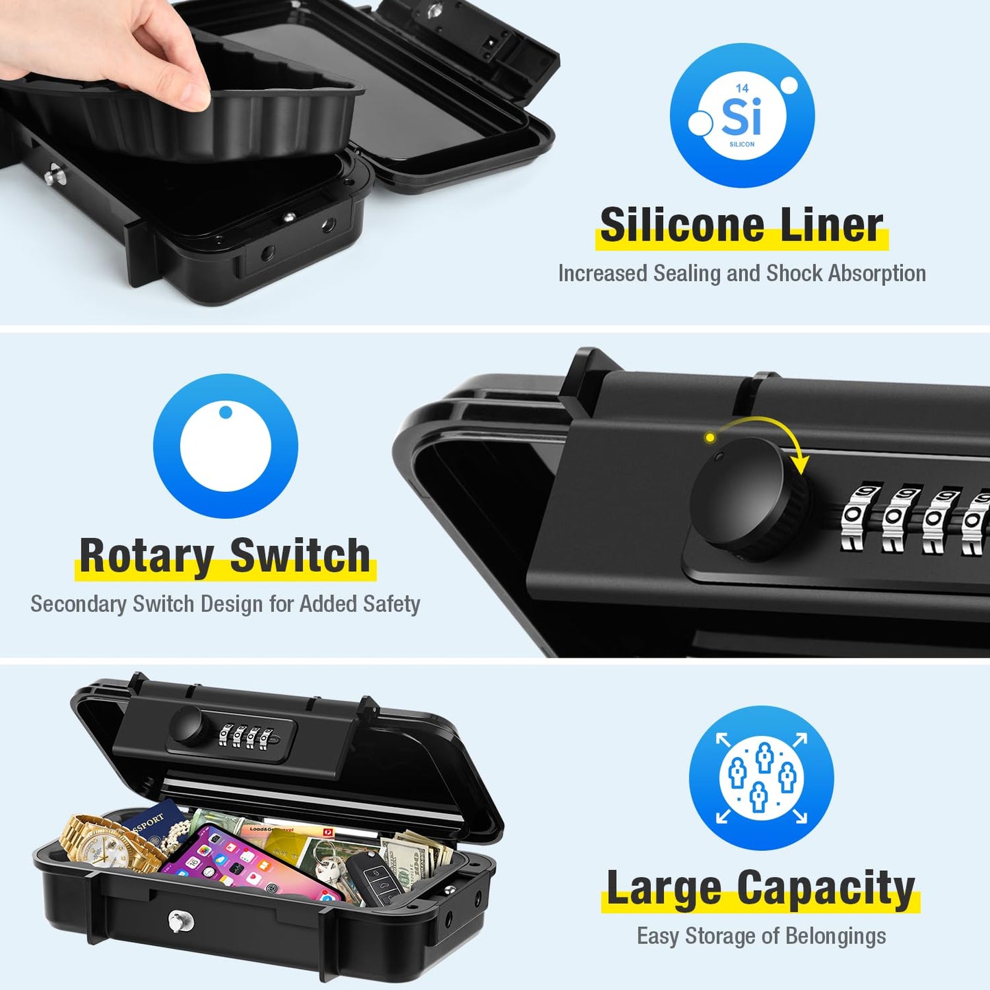 TEUEN Portable Safe Box, Waterproof Anti-Theft Beach Travel Safe Box Combination Security Lockbox with Removable Wire Rope Portable Lock Box for Dorm, Hotel, Home, Office, Car