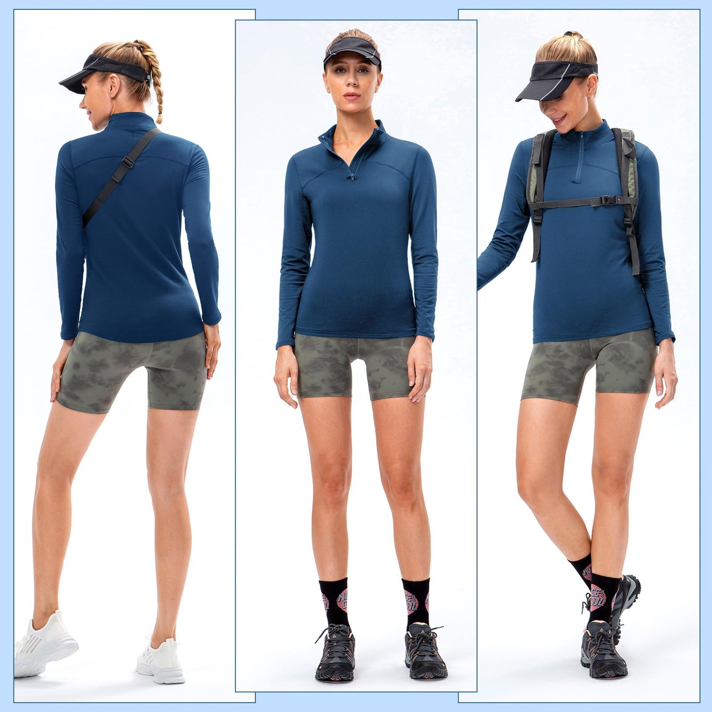 Witkey Womens Athletic Quarter Zip Long Sleeve Thermal Running Shirts UPF 50+ Sun Protection Lightweight Winter Workout Fleece Base Layer Shirts Skiing Cold Weather Navy