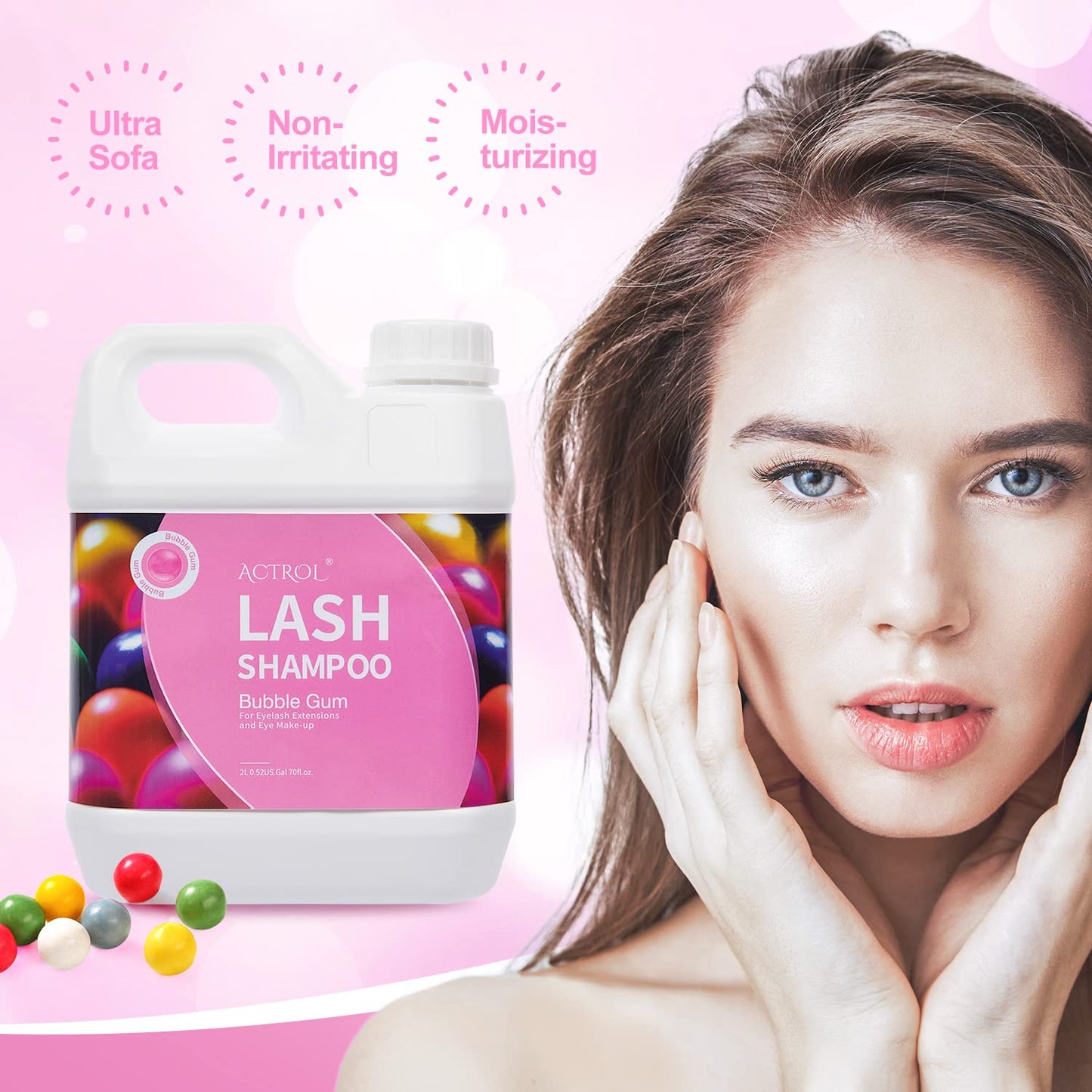 ACTROL Eyelash Extension Cleanser Bubble Gum 2L Natural Lash Extension Shampoo Professional Eyelid Foaming Cleanser Paraben & Sulfate Free Non-lrritating with Salon and Home Care