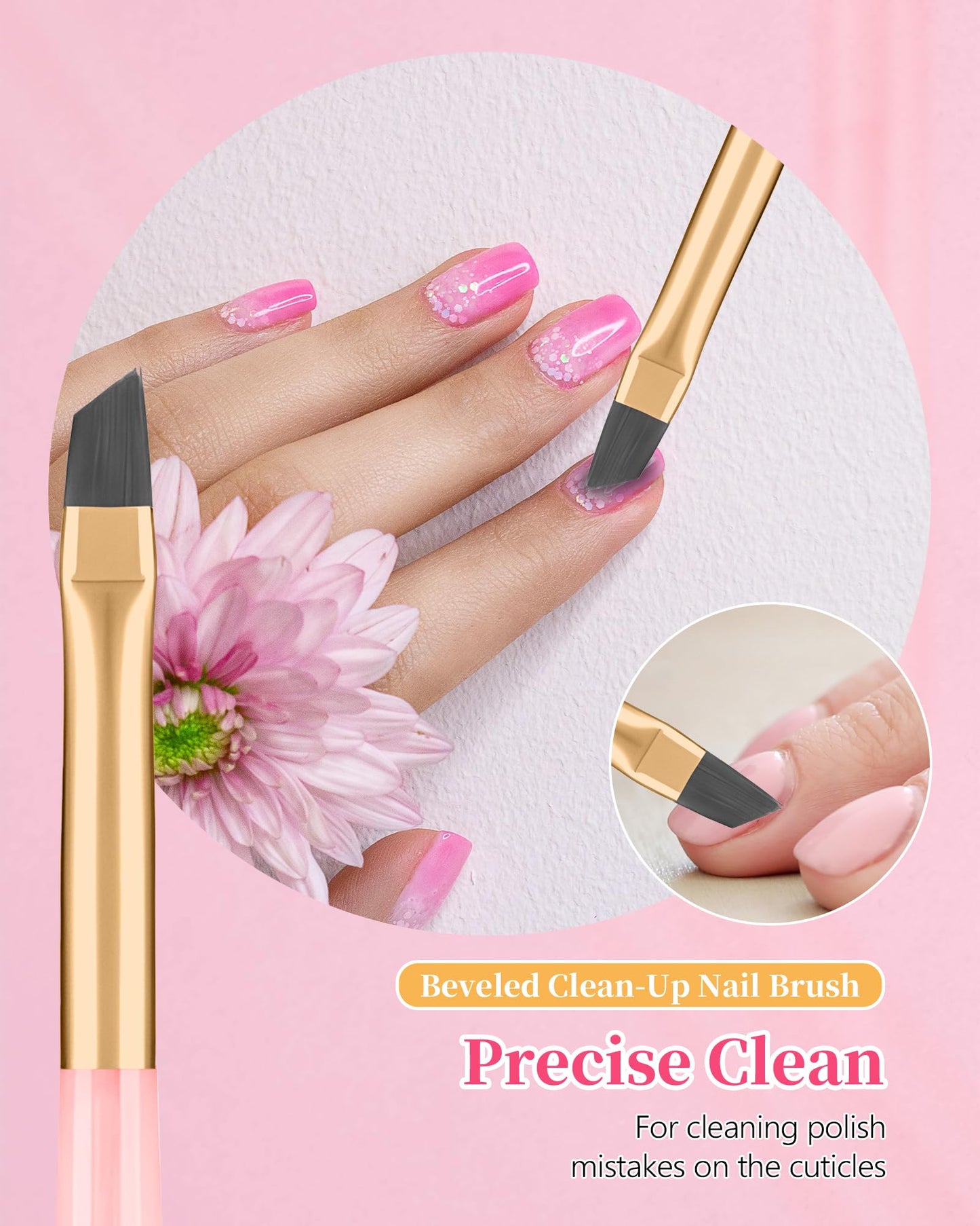 3PCS Nail Polish Clean Up Brush, Round&Falt&Angled Acetone Resistant Nail Brush for OPI Nail Polish Remover, Fingernail Cleaning Brushes at Home Nail Art and Designs(Emerald Pink)