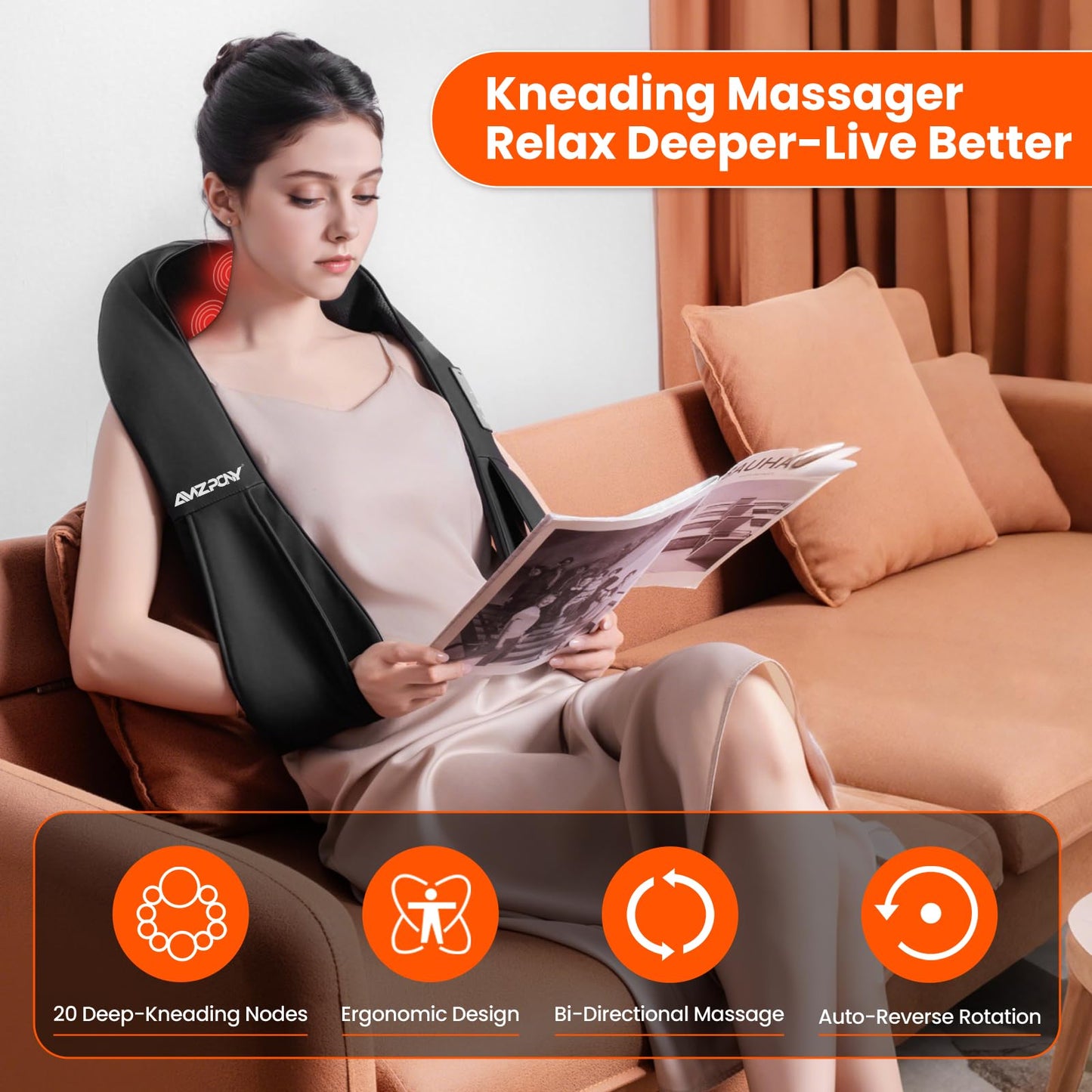 AMZPONY® Cordless Neck Massager for Pain Relief Deep Tissue, Rechargeable Shiatsu Neck and Back Massager Portable Kneading Shoulder Massage for Body Muscle Pain Relief,Gifts for Dad Mom Friends