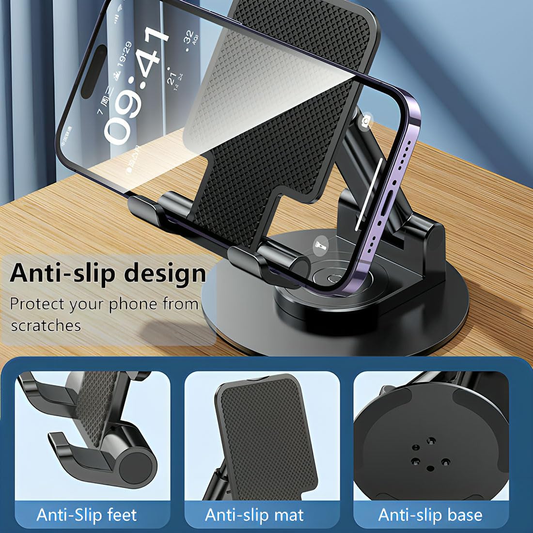 Phone Stand for Desk 360 Degree Rotating Phone Holder Adjustable Cellphone Accessories Portable Smartphone Stands Foldable Holder for Desk Home Office (Black)