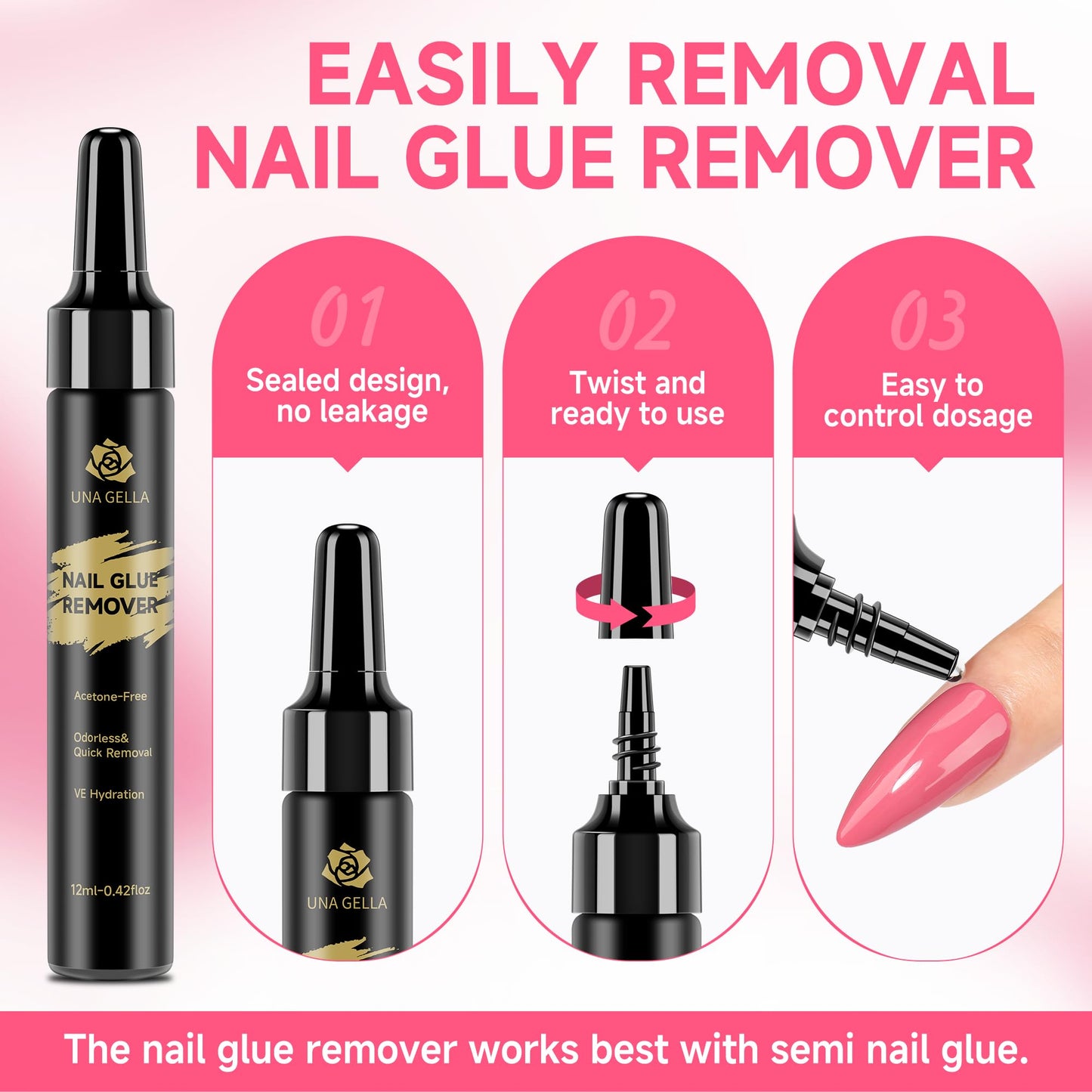 UNA GELLA No Lamp Need Semi Solid Nail Glue Gel 10ml and Nail Glue Remover 12ml Solid Gel Glue Kit for Press On Nails, Soak Off Glue Remover for Nails Quick Removal