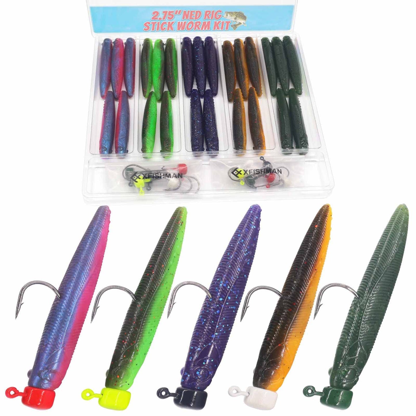 Ned-Rig-Kit-Finesse-Baits-Soft-Plastic-Worms-Fising-Lure for Bass Stick Swimbait Minnow Crawfish Lures Shroom Ned Jig Head Kit(35-Piece 2.75'' #02 Stick Worms Ned Rig Kit)