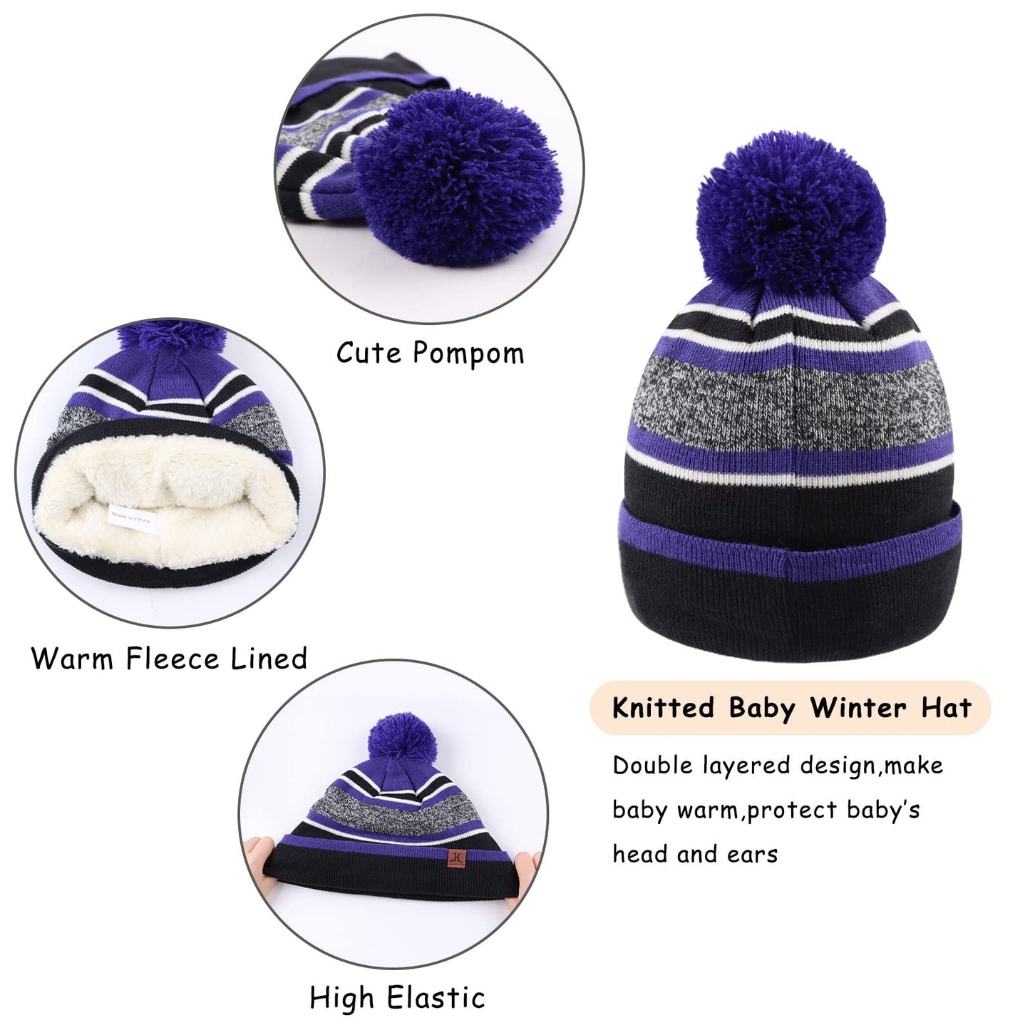 Winter Kids Hat Scarf Glove Set Knit Fleece Lined Beanie Neck Warmer Mittens for Toddler Boys Girls 3-8 Years(Deep Purple)
