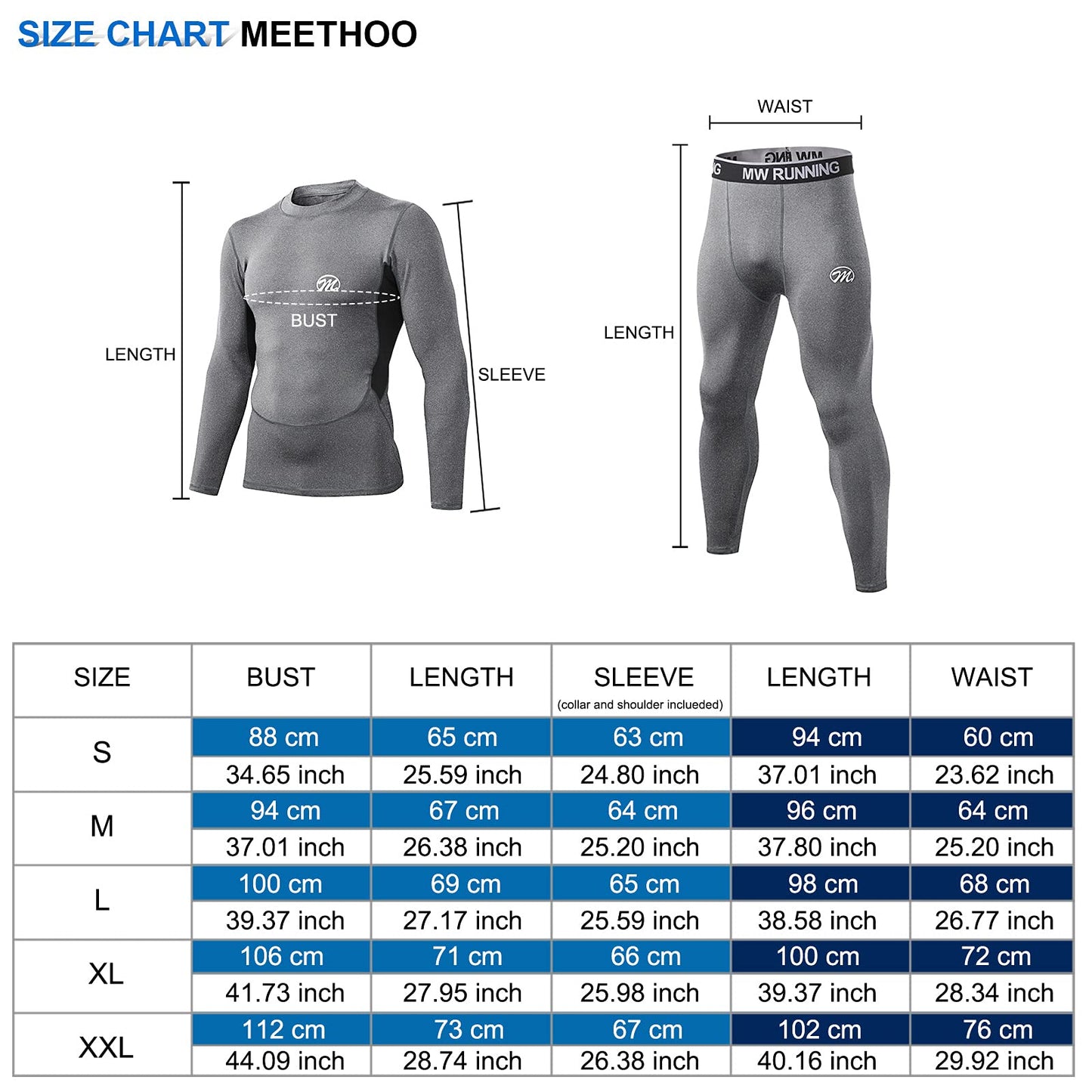 MeetHoo Men’s Thermal Underwear Set, Compression Base Layer Sports Long Johns Fleece Lined Winter Gear Running Skiing Grey