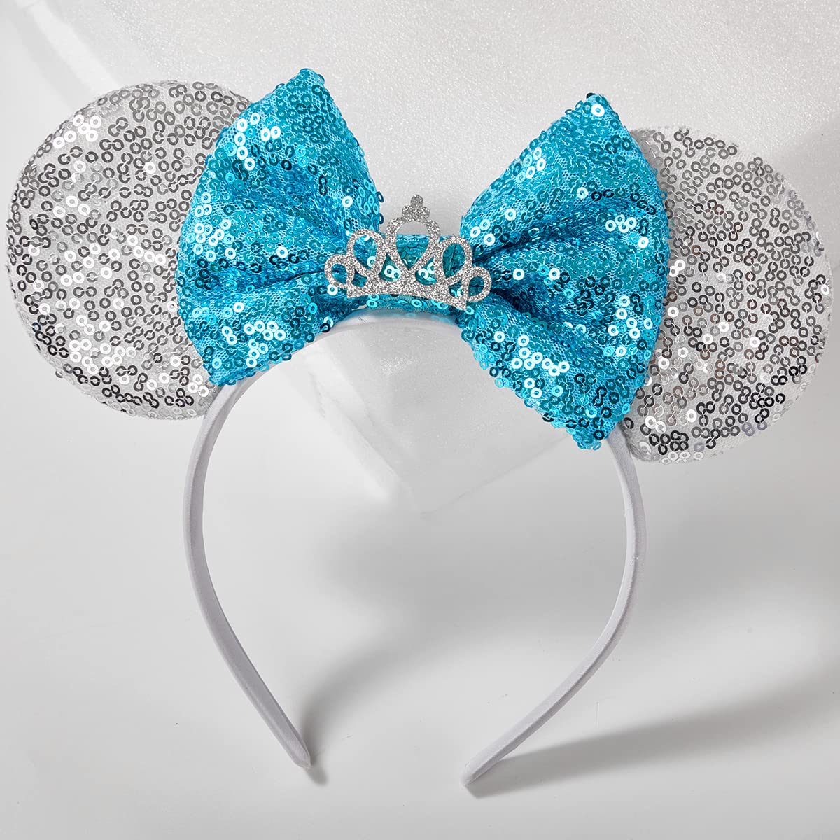 RAZKO Cinderella Minnie Ears Headband, Sequin Silver Blue Mickey Ears Headband Mouse ears Headband for Women Girls Hair Accessories (Silver-Crown)