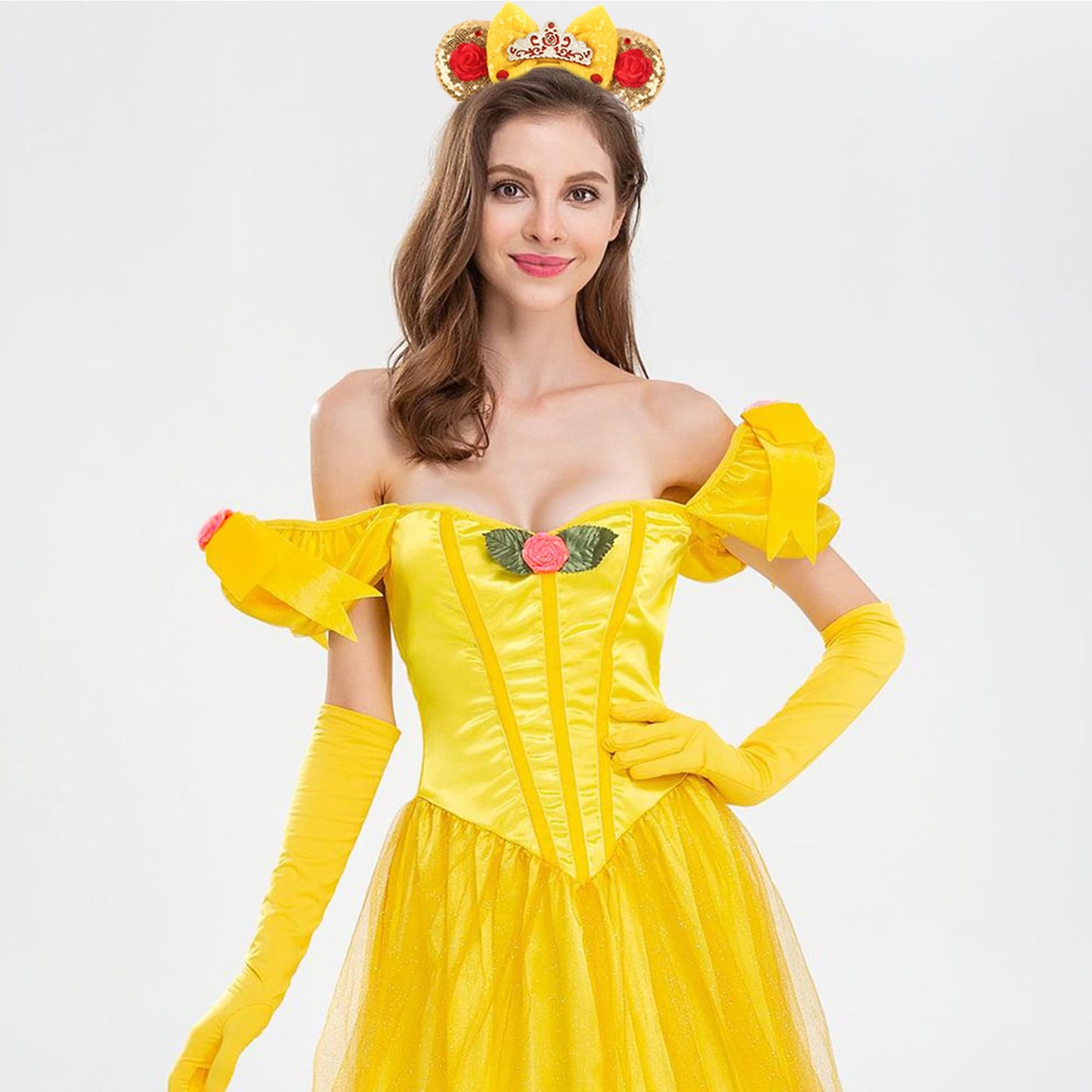 MADO belle mouse ears headband for women adults kids, yellow princess ears for adult kids women girls,Park mini ears headbands for women kids girls (yellow belle)