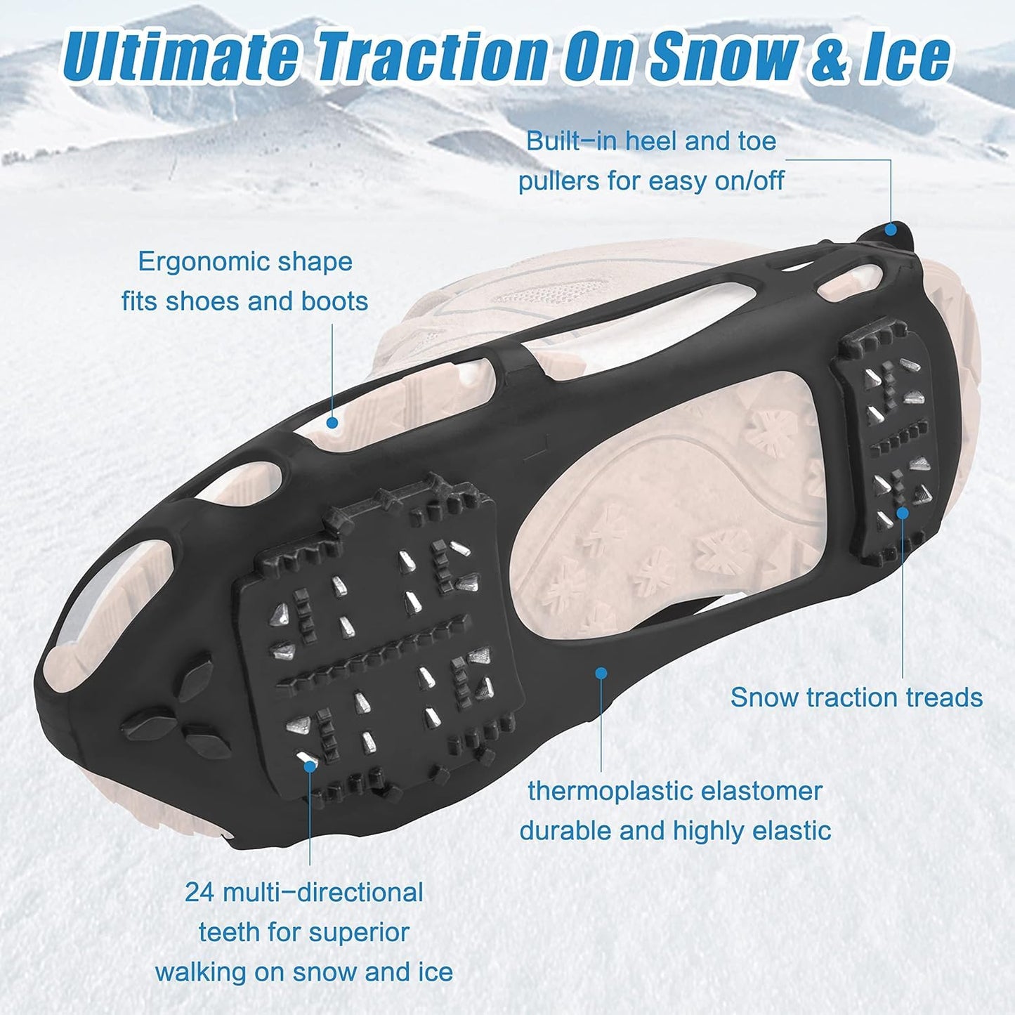 Ice Cleats Snow Traction Cleats Crampons for Walking on Snow and Ice,Non-Slip Overshoe Grippers Anti Slip Footwear for Shoes and Boots (24 Steel Without Straps, Medium(5.5-7 men/7-8.5 Women))