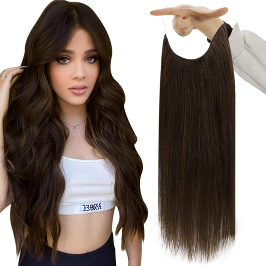 Fshine Invisible Wire Hair Extensions Real Human Hair Brown Wire Human Hair Extensions Hidden Wire Extensions Human Hair 18 Inch Darkest Brown Remy Straight Fishing Line Hair Extensions Clip ins 80G