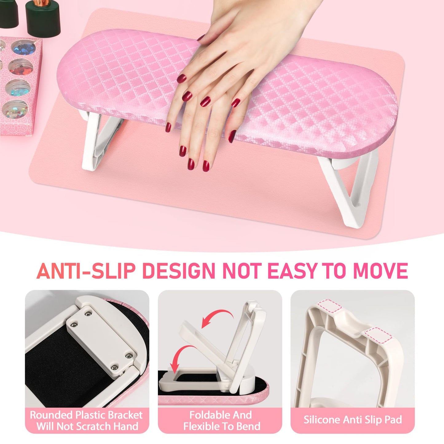 krofaue Nail Hand Rest - Folding PU Leather Arm Rest for Nails Tech with Nail Mat, Cushion Nail Hand Rest Stand for Acrylic Nails Professional Nail Pillow for Manicure Pedicure Salon Home (Pink)