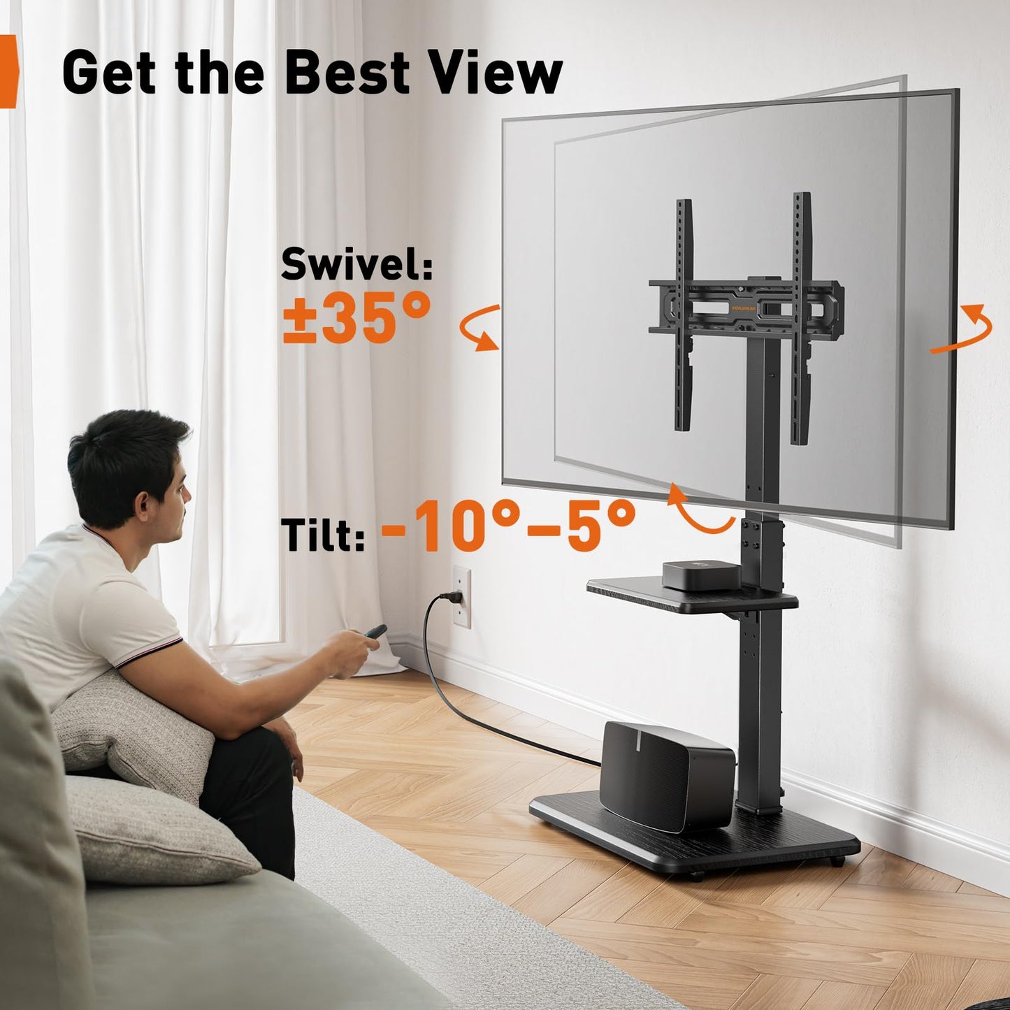 Perlegear Floor TV Stand with Power Outlet, Universal TV Stand for 32-75 inch TVs up to 110 lbs, Height Adjustable Standing TV Mount, Tall TV Mount with Wood Base, Max VESA 600x400mm, PGFS06