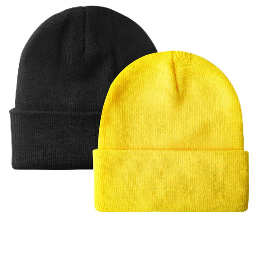 NPQQUAN 2 Packs Unisex Beanie Hats for Men Women Winter Knit Beanies Black+Yellow