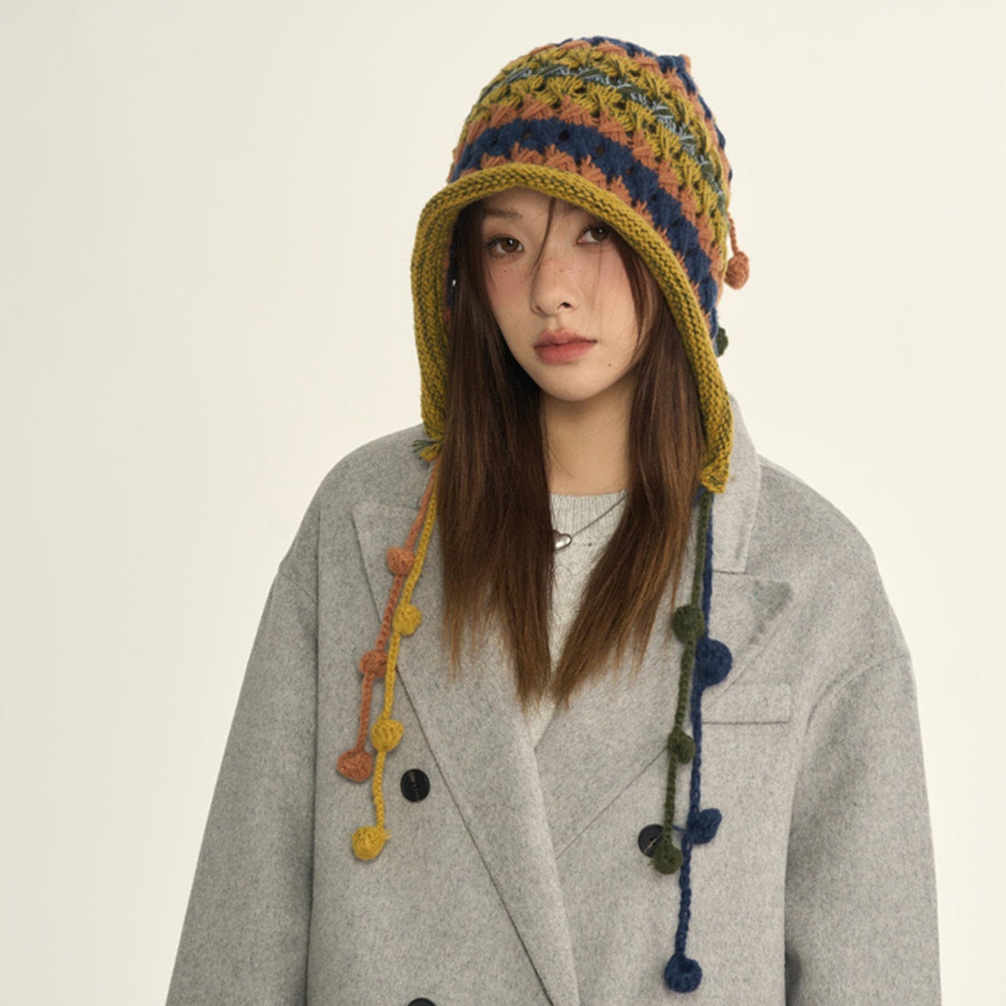 Gudzws Beanie Hat Women Cute Colorful Crochet Knit Cap Ear Flaps with Pom Pom (Yellow)