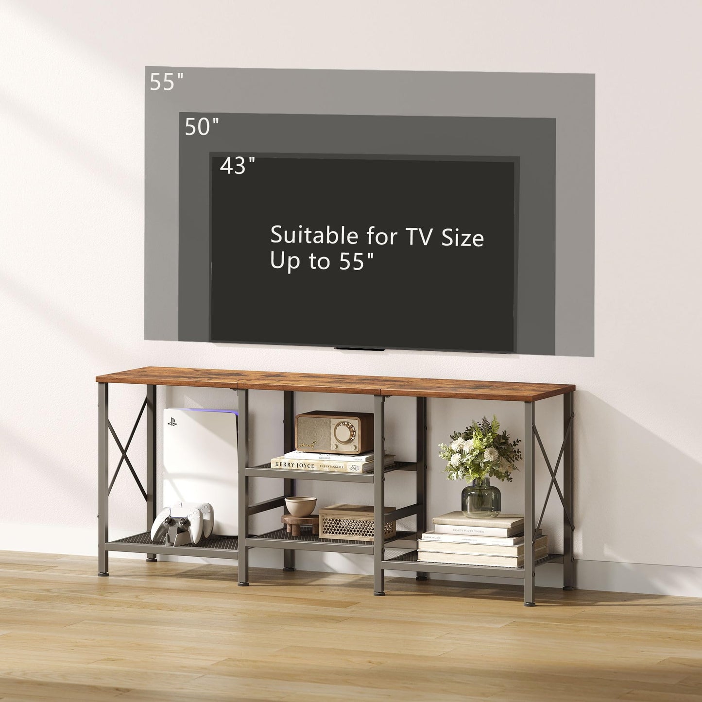 JARHETUN TV Stand for 55 Inch TV, Entertainment Center with 3-Tier Open Shelves, TV Console Table for Living Room, Bedroom, Rustic Brown