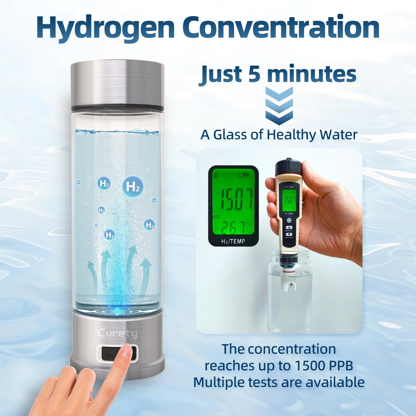 Curety Hydrogen Water Bottle Generator, Portable 1500ppb Hydrogen Water Machine with SPE/PEM Technology, Alternative for Hydrogen Water Pitcher, Water Ionizer, Hydro Water Bottle for Health
