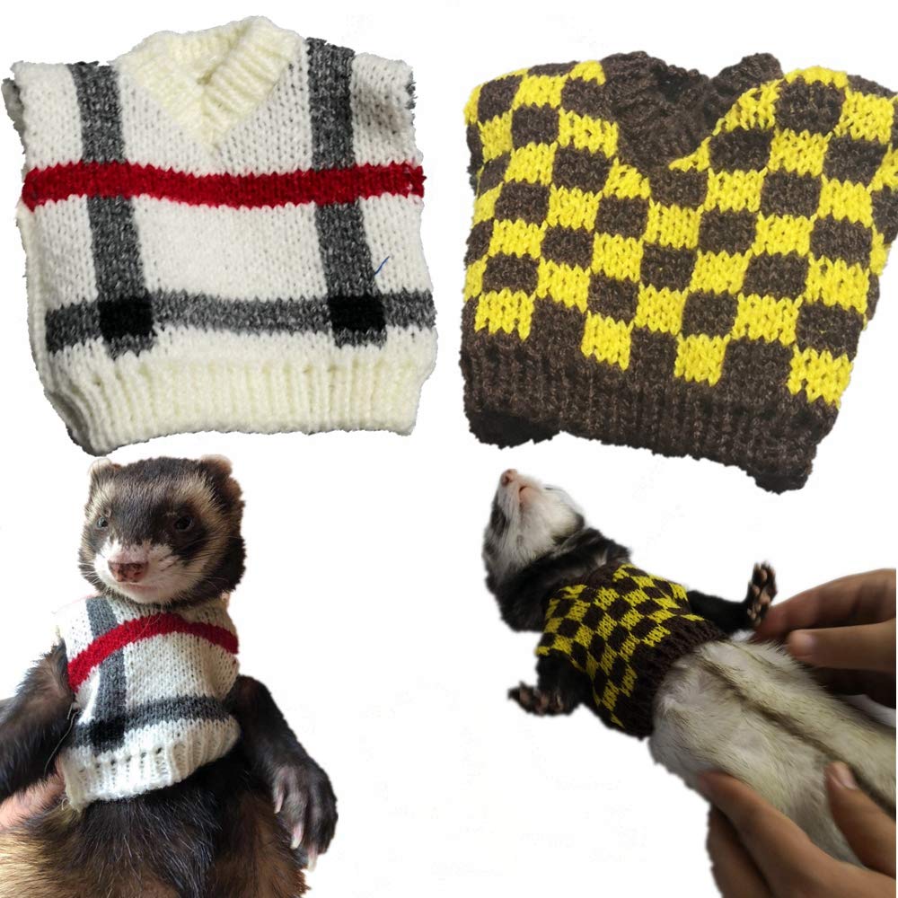 Ferret Clothes Small Animal Sweater Warm Winter Knitted Sweatershirt Ferret Apparel Halloween Party Cosplay Photo Shoot for Ferret Bunny Guinea Pig Squirrel (2 Pcs (White Stripes+Yellow Grid))