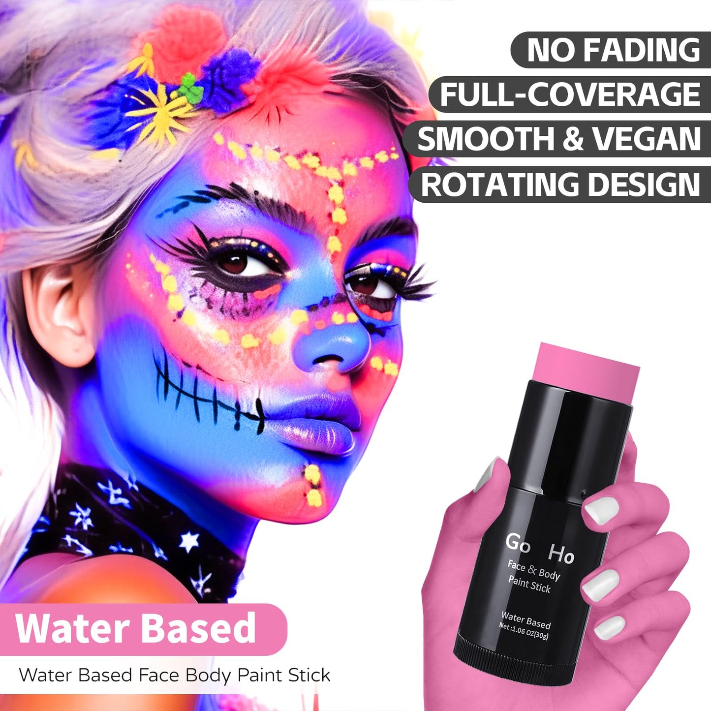 Go Ho Hot Pink Face Body Paint Stick,Water Based Washable Hot Pink Face Paint Stick,Non-toxic Full-coverage Cream Pink Body Paint for Adults Children Halloween Cosplay SFX Makeup