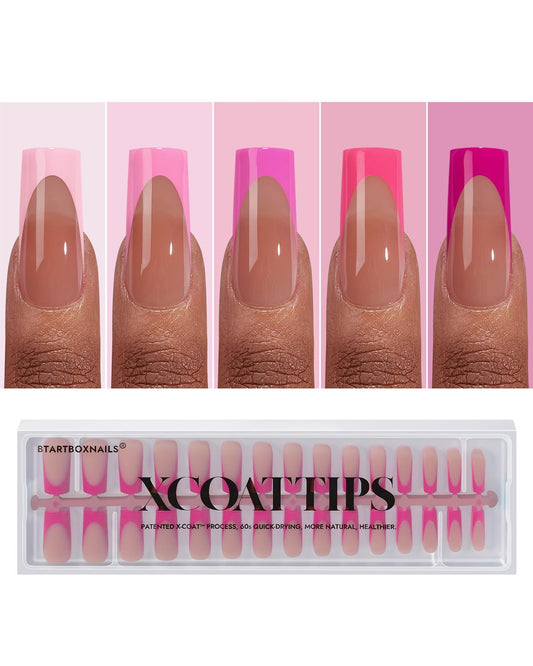 BTArtboxnails XCOATTIPS Pink French Tip Press On Nails - Long Press On Nails Square, Soft Gel Nail Tips, 150Pcs Soak Off Acrylic Brown Fake Nail Extension in 15 Sizes