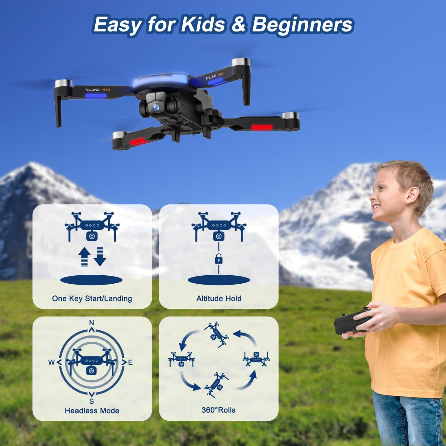 Drone with Camera for Kids, 1080P HD FPV Foldable Drones for Beginners, Brushless Motor Drone with Carrying Case, Long Flight Time, One Key Take Off/Land, Altitude Hold, 360° Flip, Obstacle Avoidance