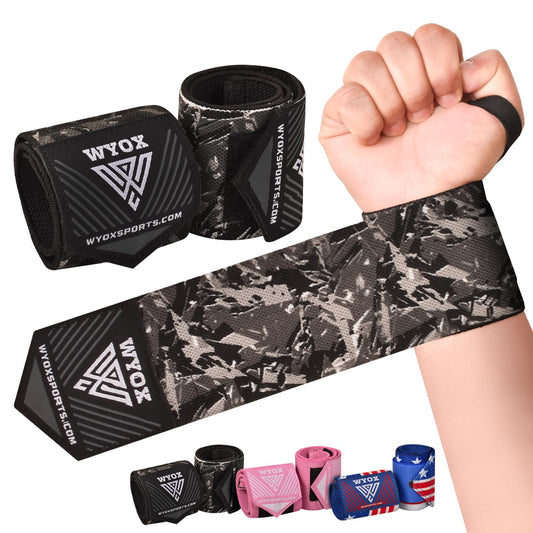 WYOX Unisex Wrist Wraps for Weightlifting | Wrist Wraps for Men and Women | 18'' Extended Length Strong Wrist Strap | Weight Lifting Wrist Wraps with Thumb Loop for Muscle Stability (Camo Grey)