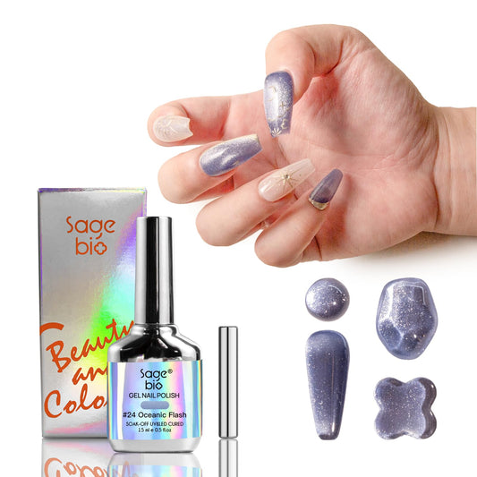 SAGEBIO High-Density & Ultra-Bright Cat Eye Gel Nail Polish with Magnet Stick, 15ml Sparkling Magnetic Gel for DIY Manicure, Long-Lasting Shine - Oceanic Flash