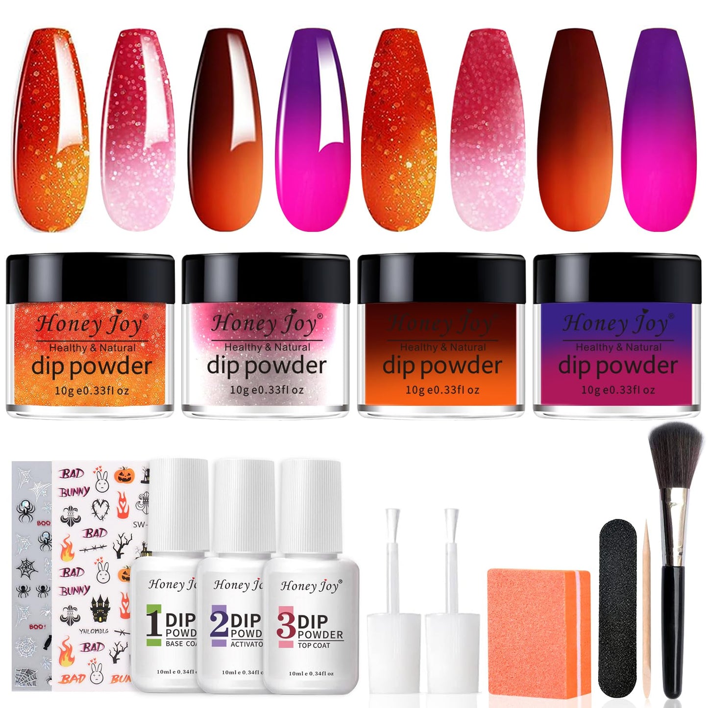 Honey Joy Dip Powder Nail Kit Starter, 4 Colors Halloween Pumpkin Orange Mystic Purple Dipping Powder Liquid Set with Base Top Coat for Nail Art Manicure Salon DIY, Dip-7pcs-No.14