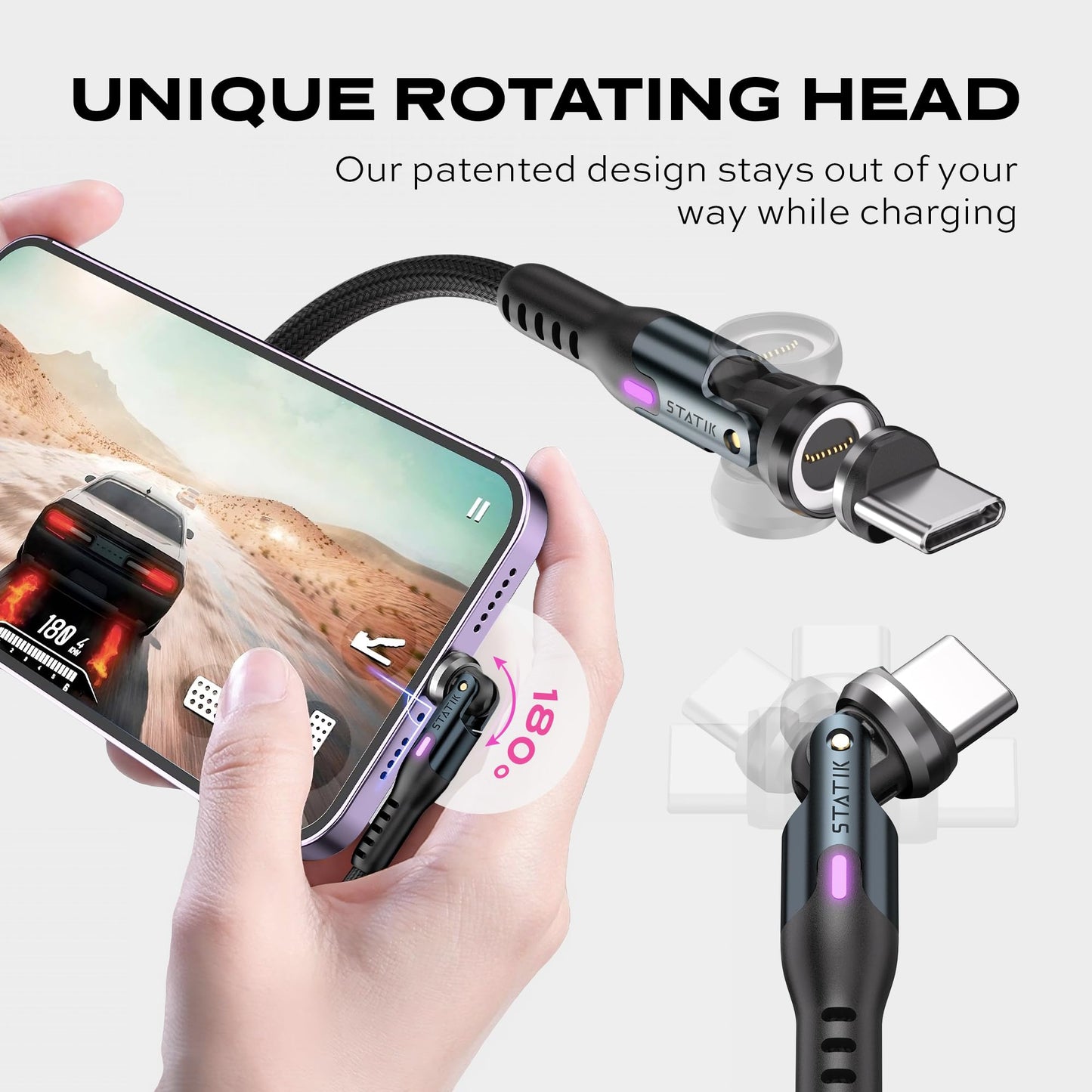 Statik 360 Pro Magnetic Charging Cable - Type C Charger Fast Charging 3 in 1 USB C to USB C Cable, Micro USB & iProduct Tips, USB A Adapter, Fits All Devices - 100W Fast Charger, Black 10FT/3M