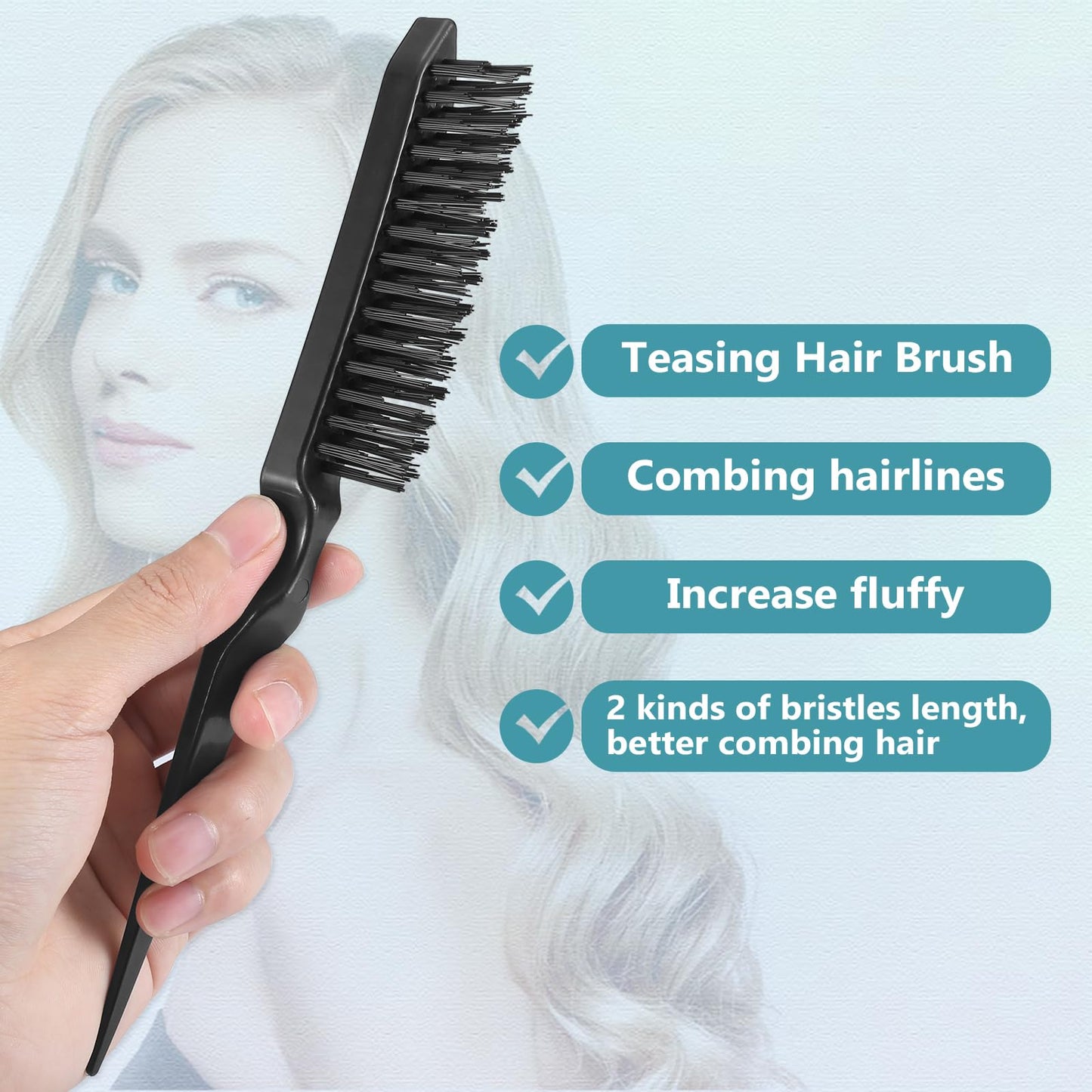 BRUSHZOO Hair Brush Set, Hair Brushes for Women Men kid Wet Dry All Hair Detangling Parting Styling, Brush Set with Detangler Brush, Edge Brush, Teasing brush, Rat Tail Comb (Black)