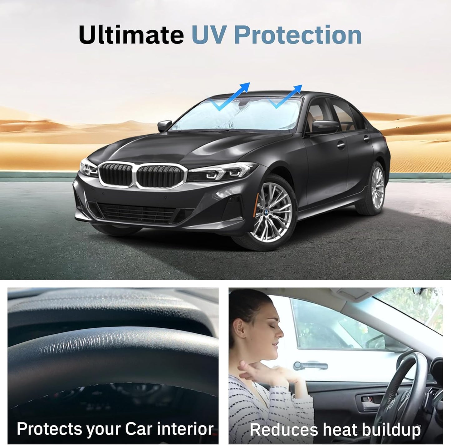 Autovir Foldable Windshield Sun Shade for Car – 240T Reflective UV and Heat Shield with Storage Bag | Keeps Interior Cool | Universal Fit for Sedans, SUVs, and Trucks – Medium (64" x 32")