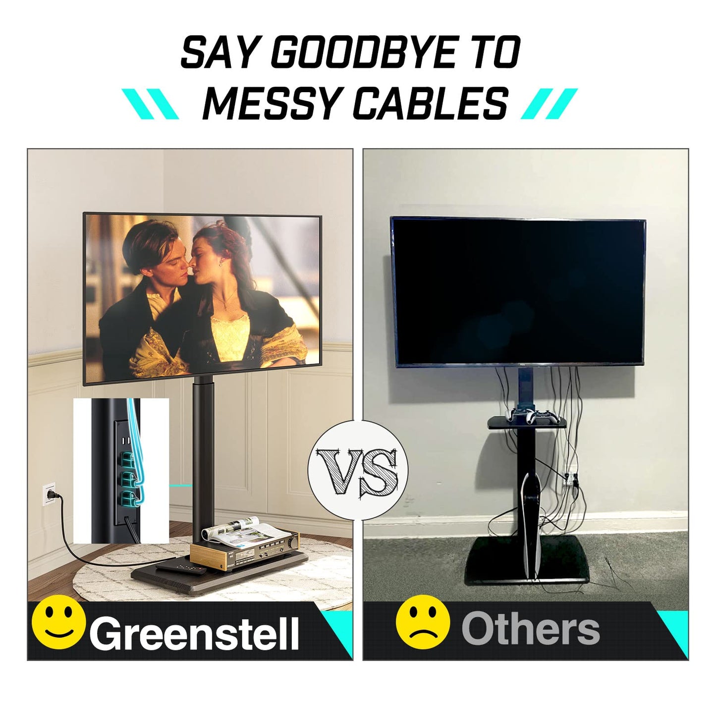 Greenstell TV Stand with Power Outlet, Universal Floor TV Stand for 32-75 inch TVs, Height Adjustable, Swivel Tall TV Mount Stand with Wood Base, Holds up to 110 LBs, Max VESA 600x400mm