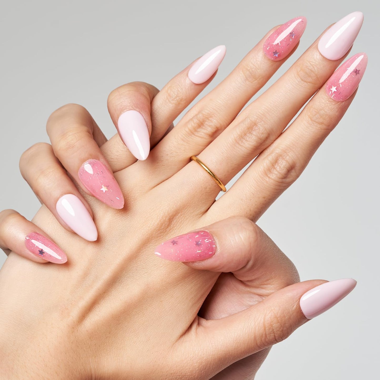 GLAMERMAID Light Pink Press on Nails Medium Almond, Natural Glitter Pink Crush Nails, Stiletto Fake Nails With Stars, Short Oval Stick Glue on Nails Tips for Women, Reusable Acrylic False Nail Kits