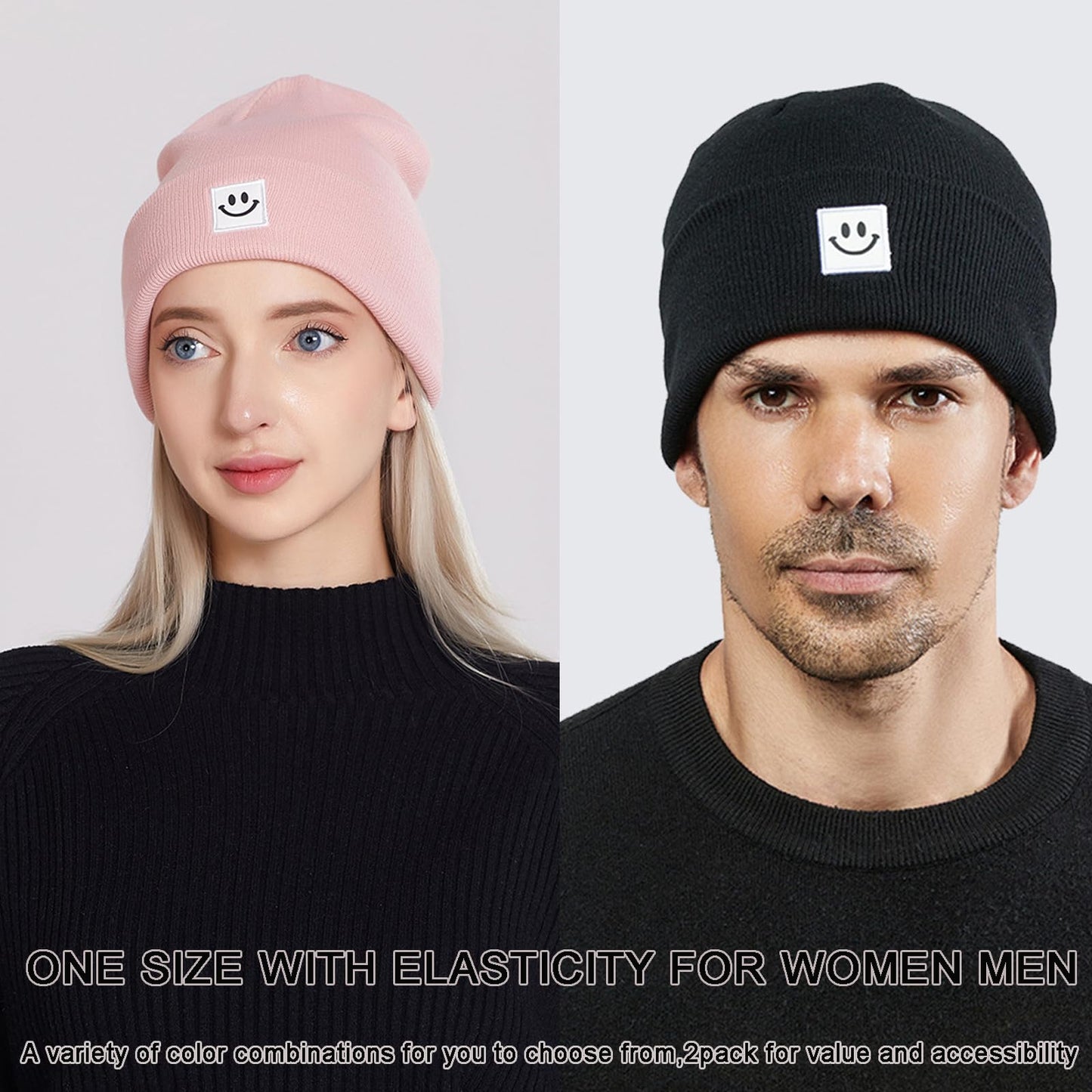 Asufegucd 2Pack Winter Beanie Hats for Couples, Women Men Winter Hats with Smiley Face,Warm Cute Beanies Cap for Cold Weather (US, Alpha, One Size, Black White)