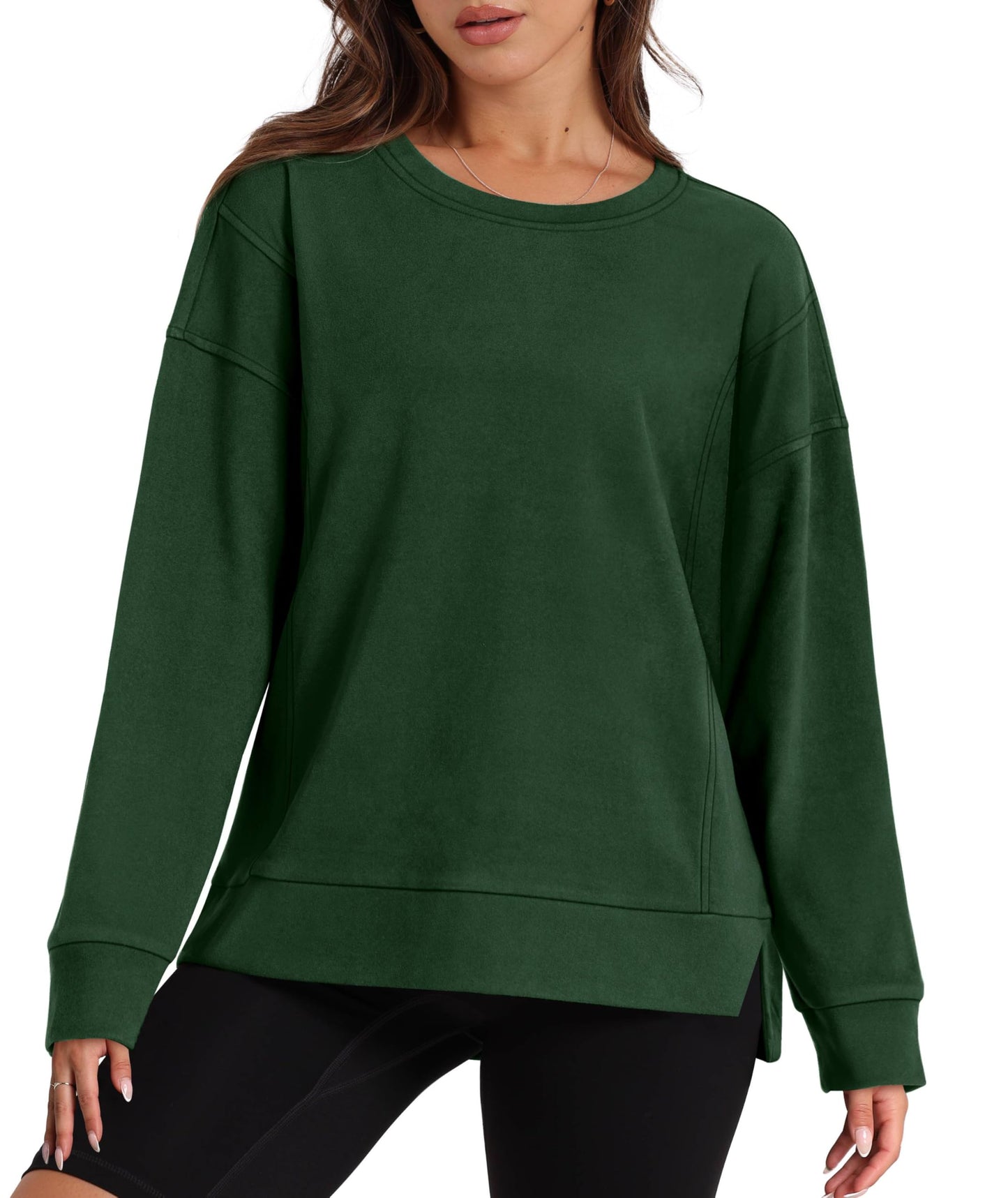 OFEEFAN Long Sleeve Shirts for Women Soft Crewneck Sweatshirts Lightweight Winter Outfits Green L