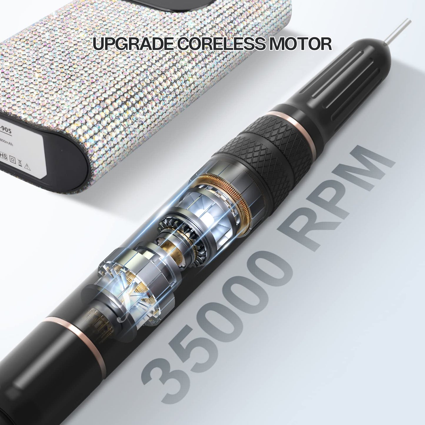Professional Rechargeable Nail Drill Machine, Belle 35000RPM Electric Nail File Cordless Portable Nail Drill with Coreless Motor for Acrylic Nails, Manicure Pedicure Tool, Crystal Diamond