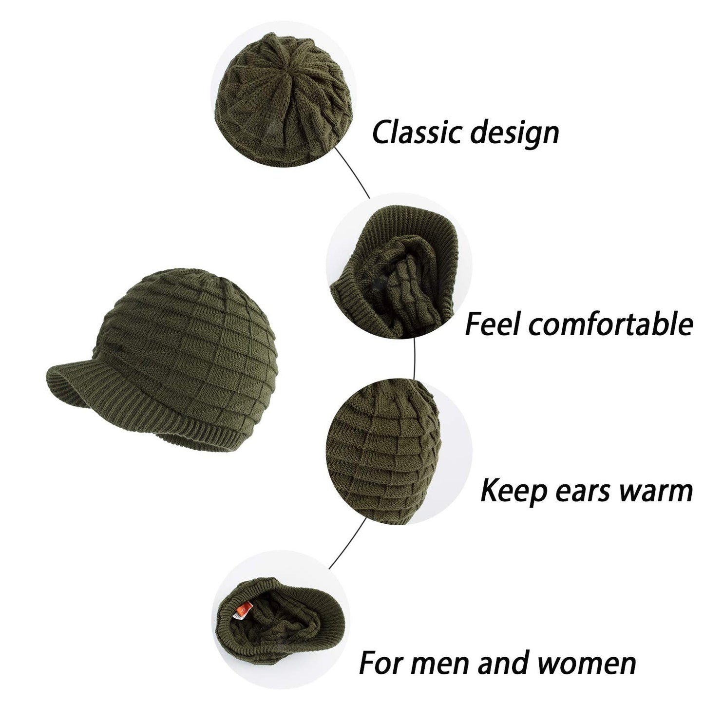 LANGZHEN Unisex Winter Hats with Visor Warm Ski Hat Stylish Knitted Hat for Men and Women (Black+Army Green)