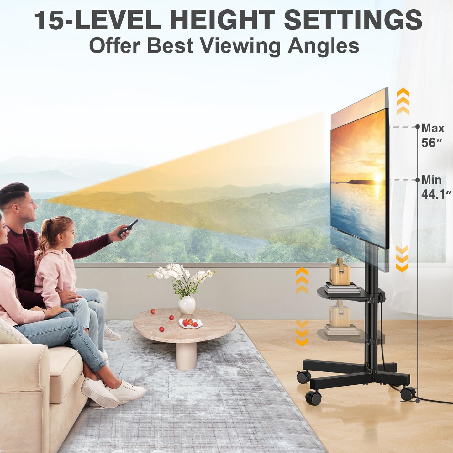 TVON Rolling TV Stand with Power Outlet for 32-75 Inch LCD LED OLED Flat Curved Screen TVs up to 88 lbs, Portable TV Stand on Wheels and Height Adjustment Max VESA 400x400mm