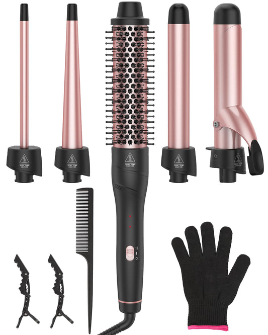 ANIEKIN 5 in 1 Curling Iron Set, Fast Heat Up Curling Wand from 3/8 to 1 1/4 Inch and a Thermal Brush Come with, Dual Voltage Hair Curler for Women All Hair Types and Travel Use, Gifts for Women