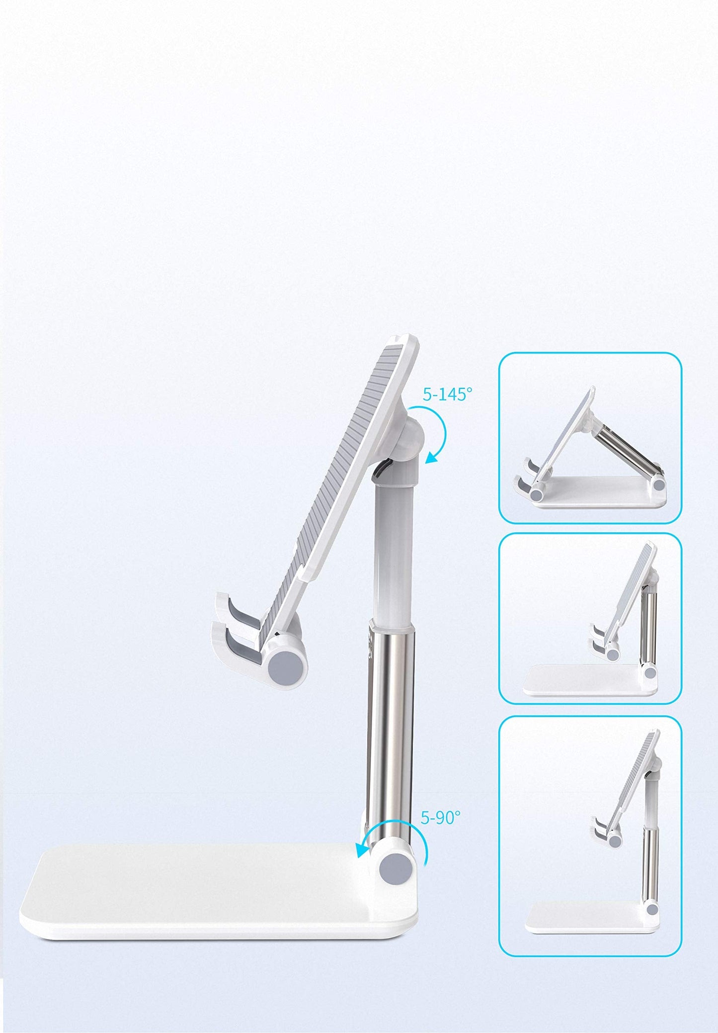 Adjustable Cell Phone Stands for Desk, Aluminum Folding Phone Holder with Stable Base and Charging Port for 4-12.9 Inches Smart Phone, Tablet (White)