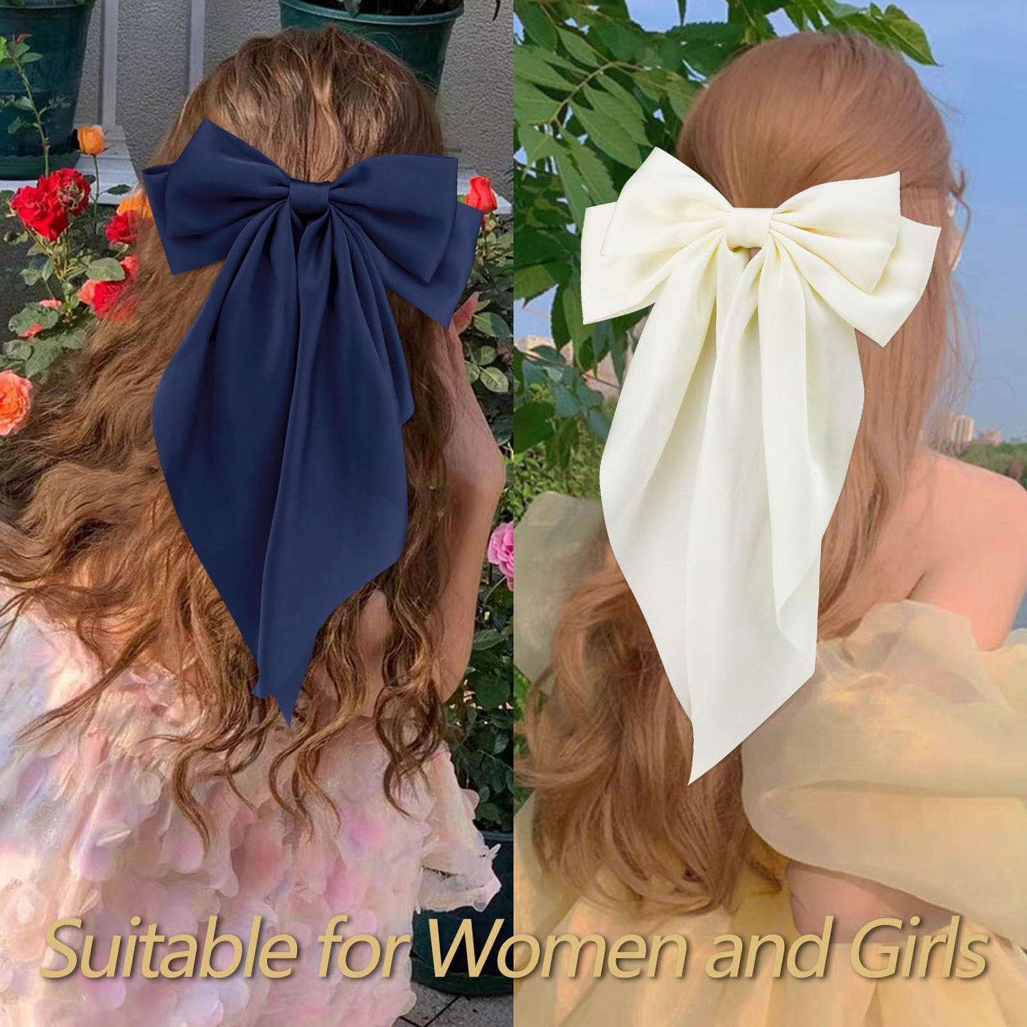 VELSCRUN Hair Bows for Women Girls 3Pcs White Hair Bow Black Hair Bow Navy Blue Big Hair Bows Clip Silky Satin Large Hair Ribbons Oversized Long Tail Hair Bows Hair Barrettes Hair Accessories Gifts